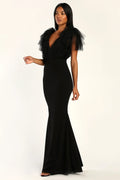 Fabulous Fun Black Tulle Flutter Sleeve Mermaid Maxi Dress