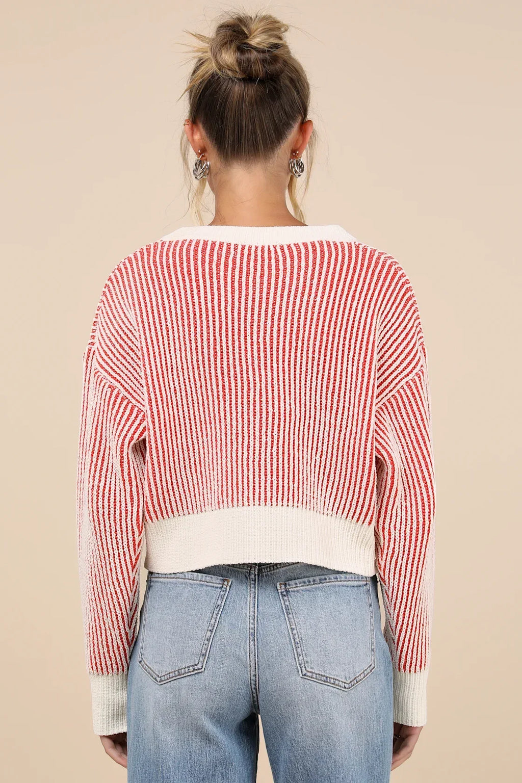 Attractively Cozy Red and White Striped V-Neck Pullover Sweater