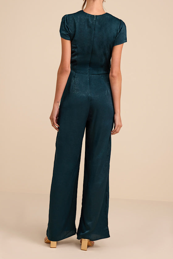Let Me Entertain You Dark Green Satin Wide-Leg Jumpsuit