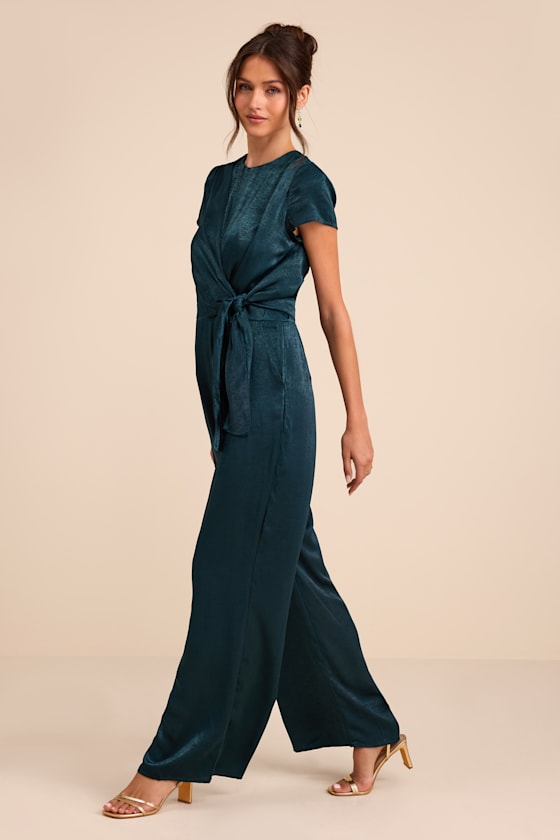 Let Me Entertain You Dark Green Satin Wide-Leg Jumpsuit