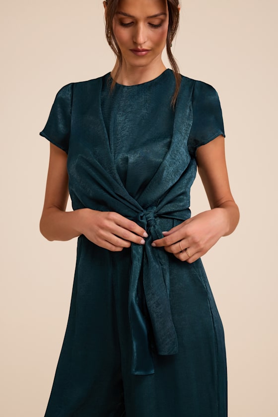 Let Me Entertain You Dark Green Satin Wide-Leg Jumpsuit