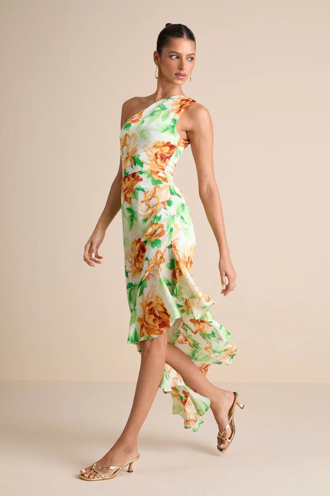 Divinely Blooming Lime Multi Floral One-Shoulder Midi Dress