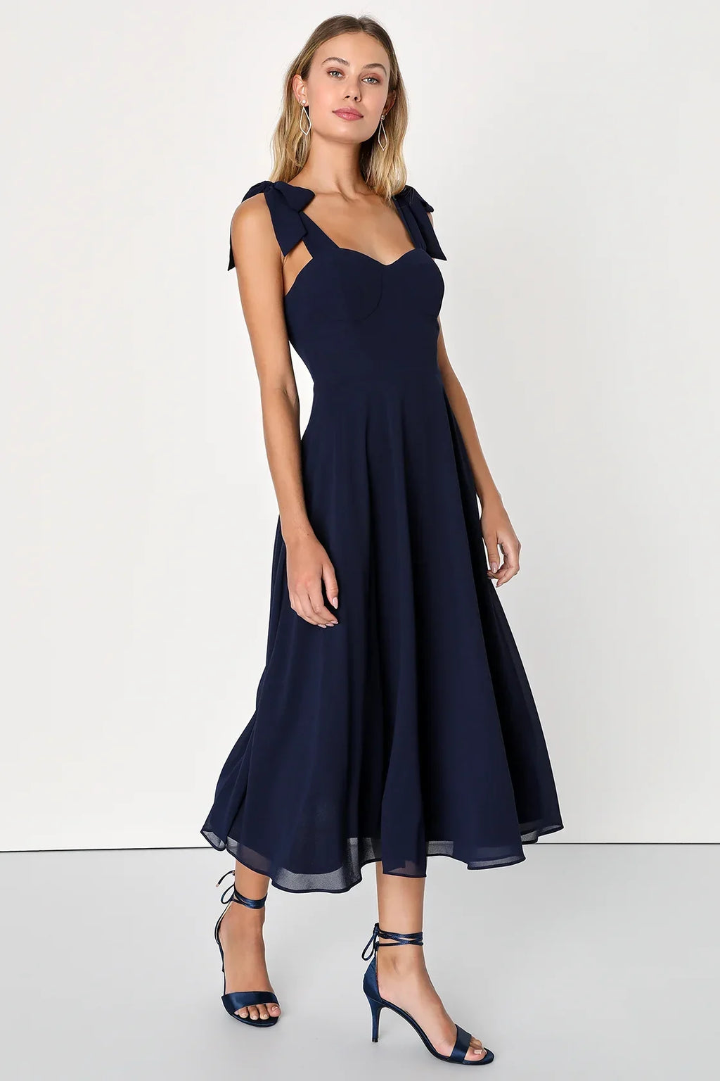 Sophisticated Charisma Navy Blue Tie-Strap A-Line Midi Dress