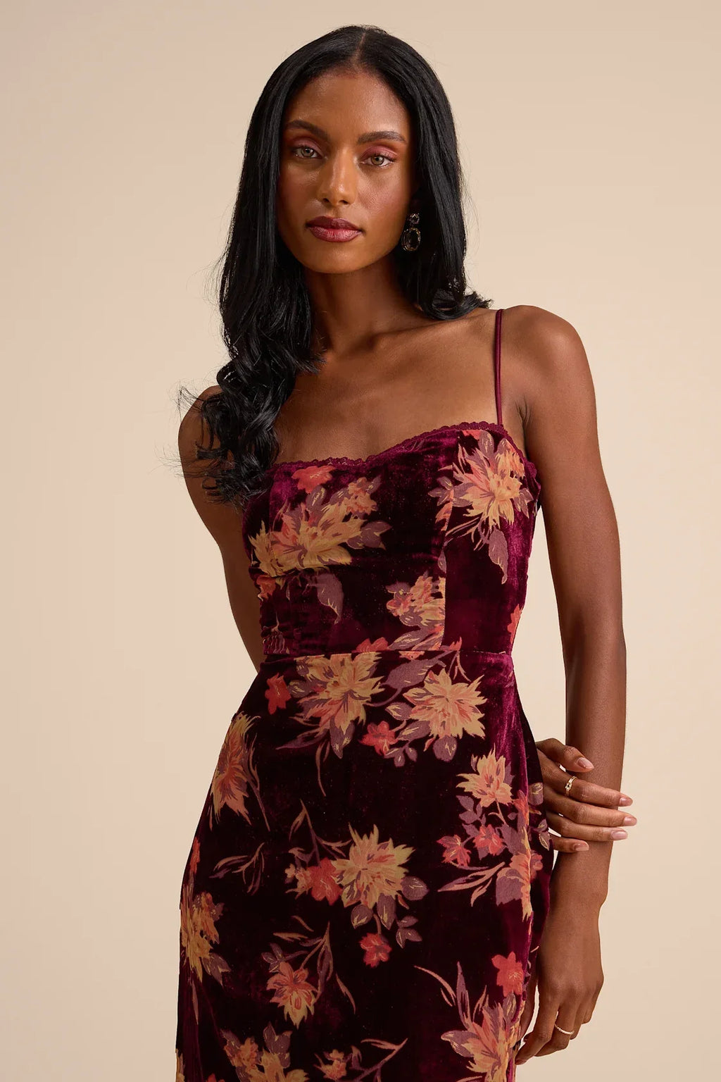 Erisa Burgundy Velvet Floral Burnout Midi Dress