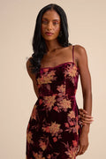 Erisa Burgundy Velvet Floral Burnout Midi Dress