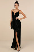 Stunning Invitation Black Velvet Ruched Sleeveless Maxi Dress