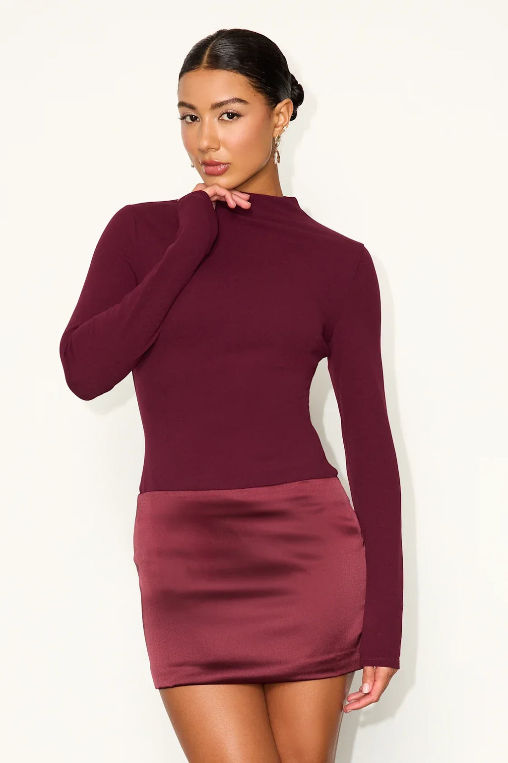 Azmina Wine Red Mixed Media Long Sleeve Bodycon Mini Dress