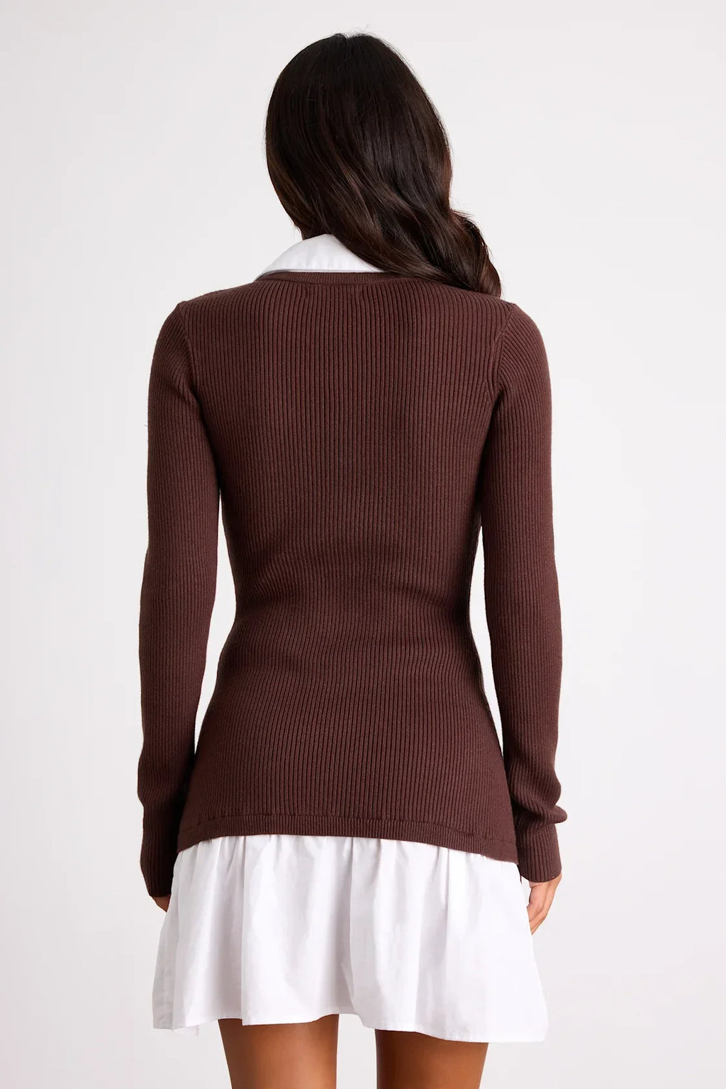 Helenia Brown and White Mixed-Media Long Sleeve Mini Dress