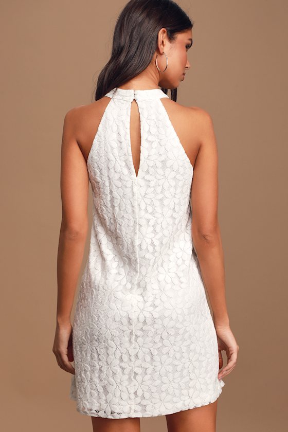 All My Adoration White Lace Halter Shift Dress