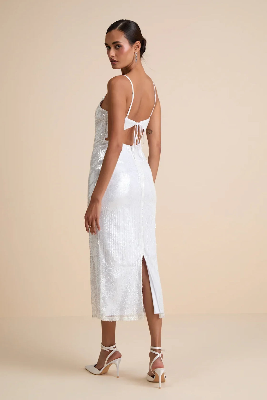 Cahya White Sequin Tie-Back Midi Dress