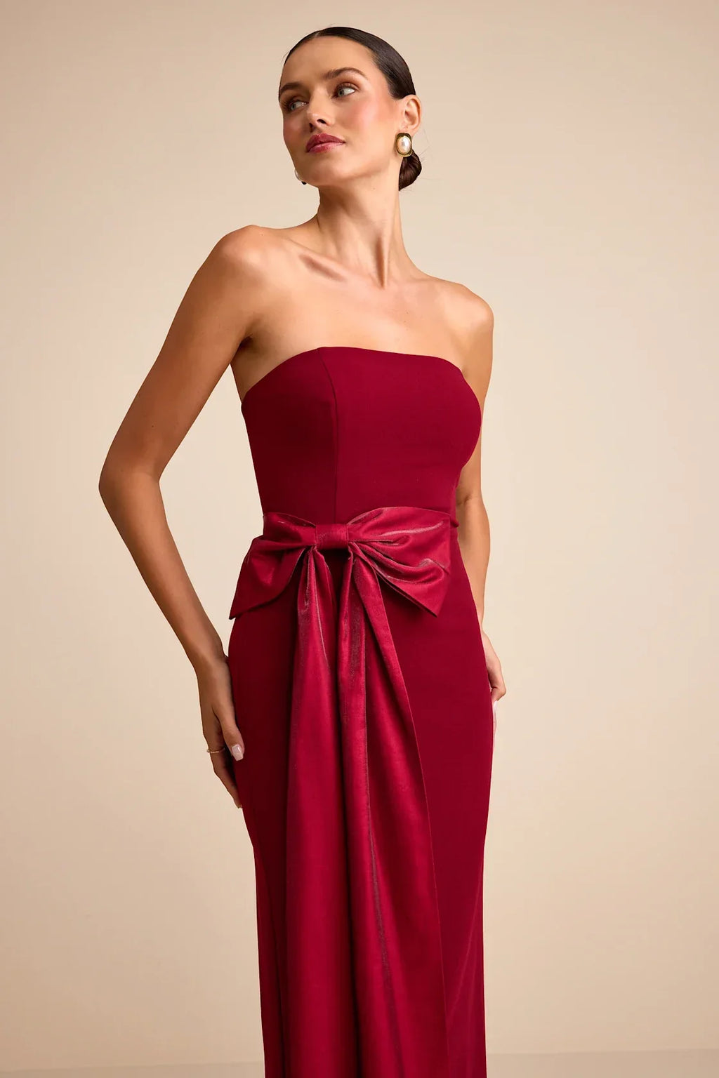 Marvelous Vision Red Strapless Bow Column Maxi Dress