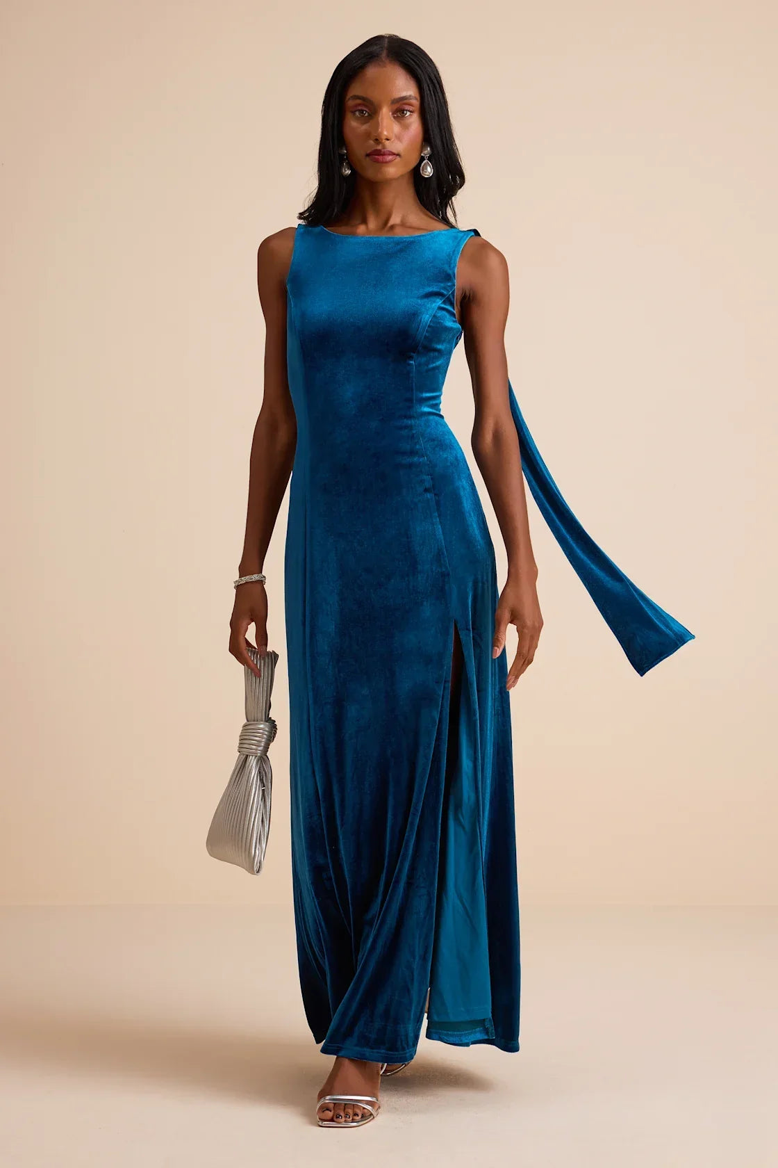 Liora Dark Teal Velvet Boat Neck Sash Maxi Dress