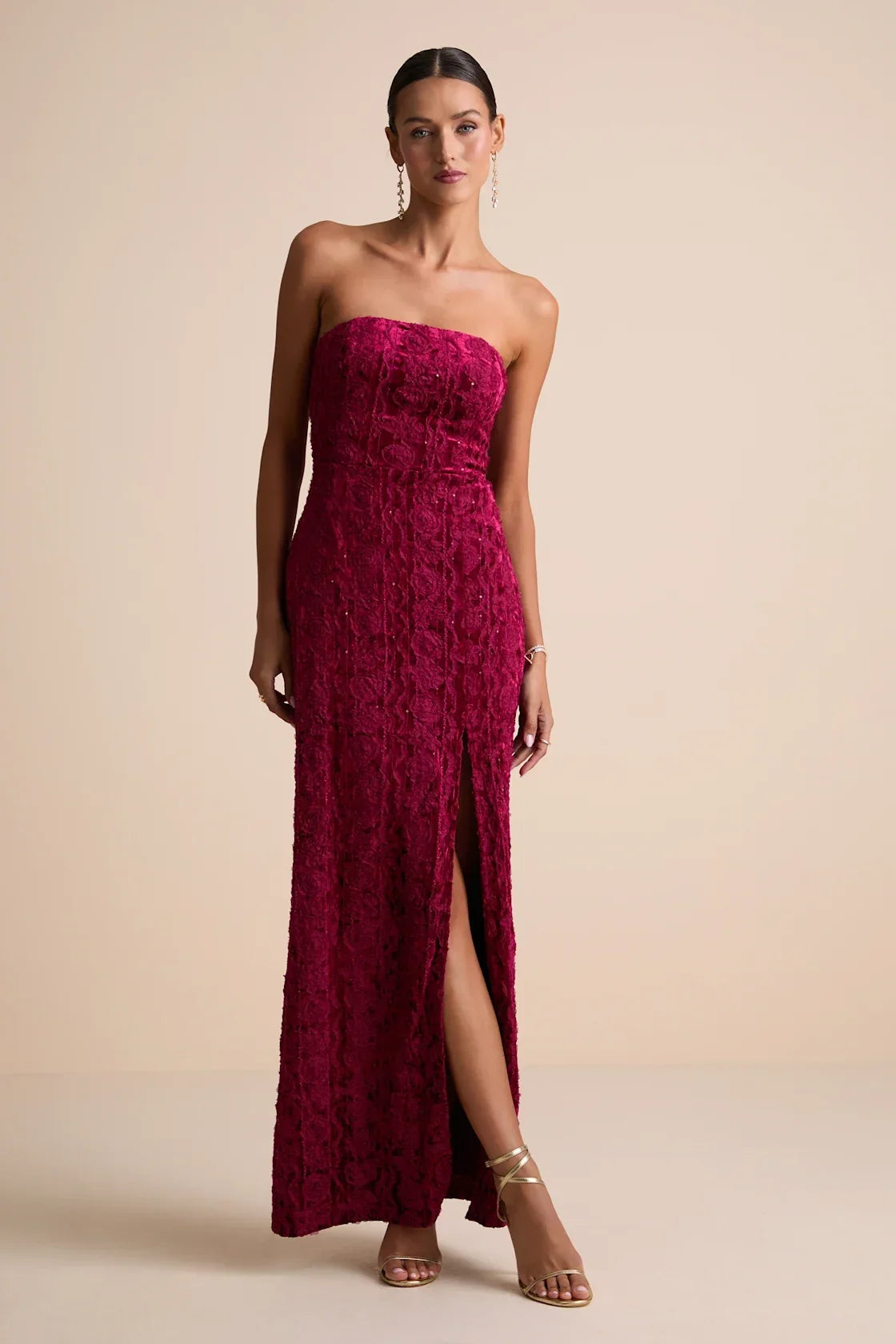 Chic Grace Black Velvet Floral Applique Strapless Maxi Dress