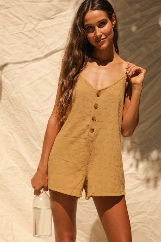 Amalie Dark Mustard Button-Front Sleeveless Romper
