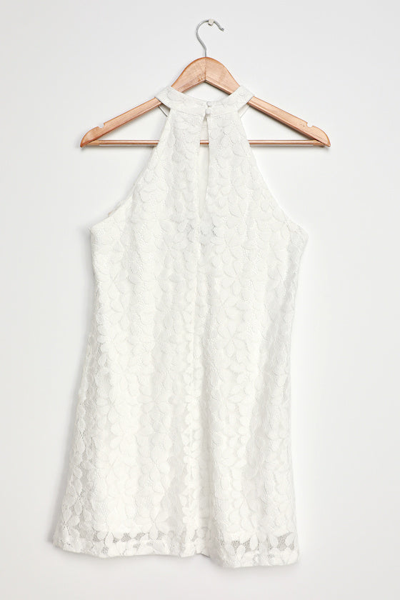 All My Adoration White Lace Halter Shift Dress