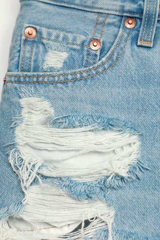 501 Mid Rise Distressed Light Wash Denim Cutoff Shorts