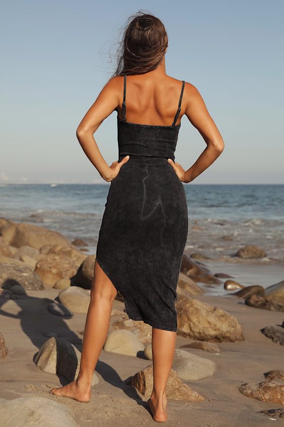 Basic Bae Washed Black Ribbed Bodycon Midi Dress