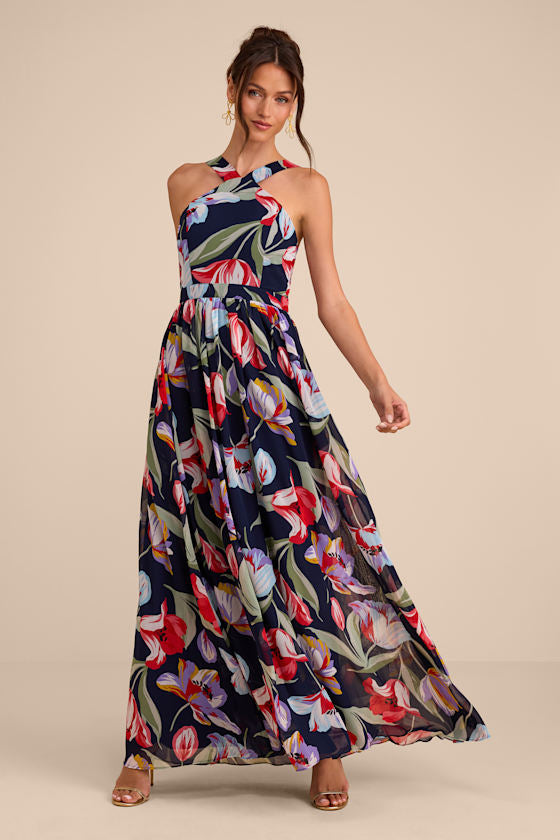 Lilja Navy Blue Floral Print Maxi Dress