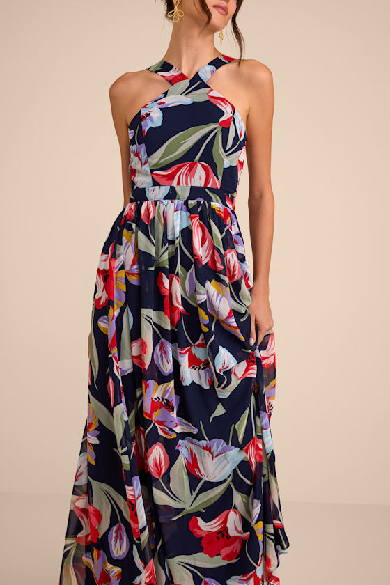 Lilja Navy Blue Floral Print Maxi Dress