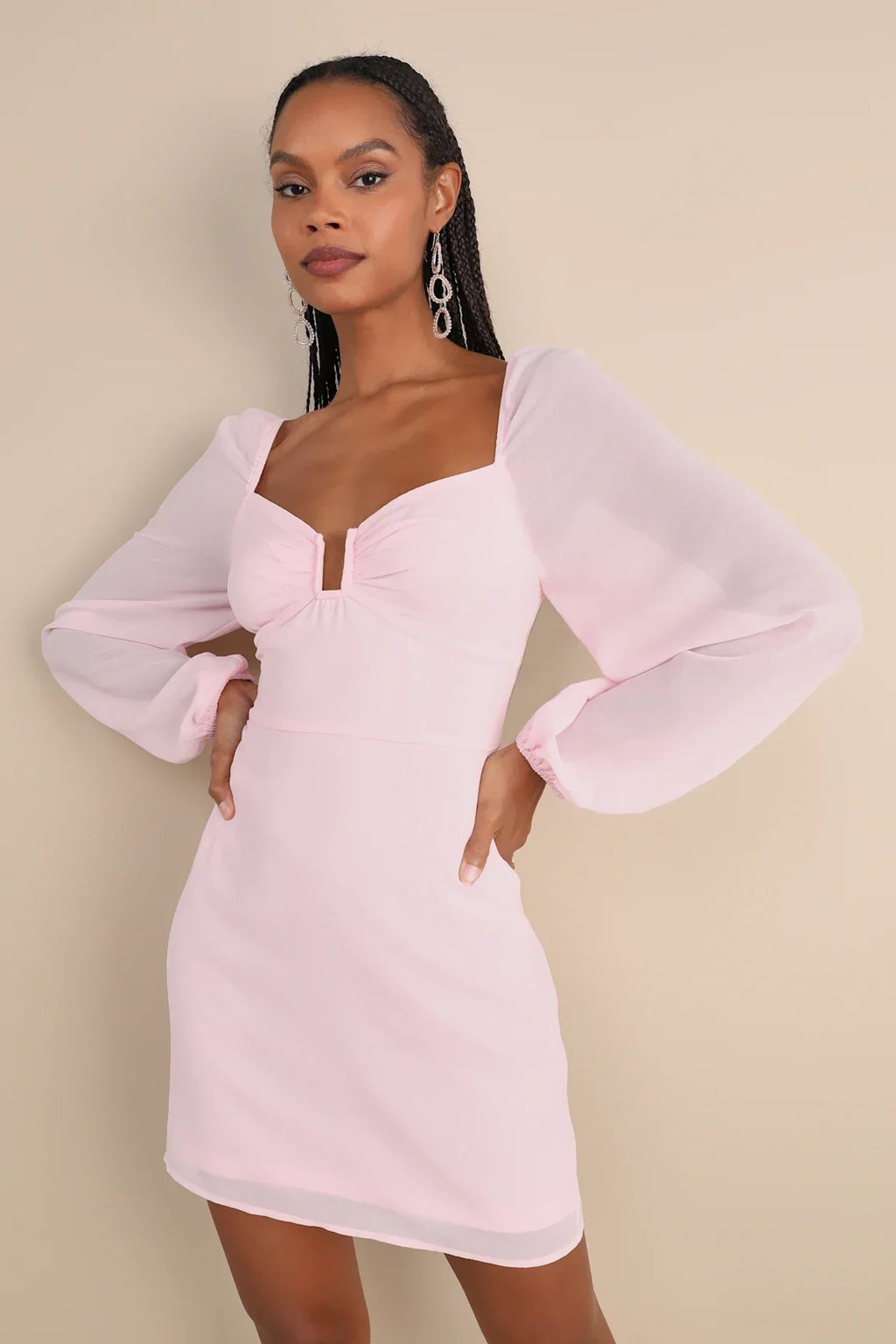 Flirtatious Designs Light Pink Chiffon Balloon Sleeve Mini Dress