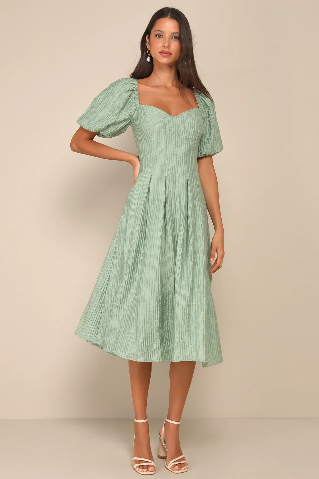Heavenly Energy Sage Textured Puff Sleeve Pleated Midi Dress