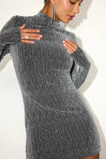 Lorenza Black and Silver Lurex Mock Neck Mini Dress