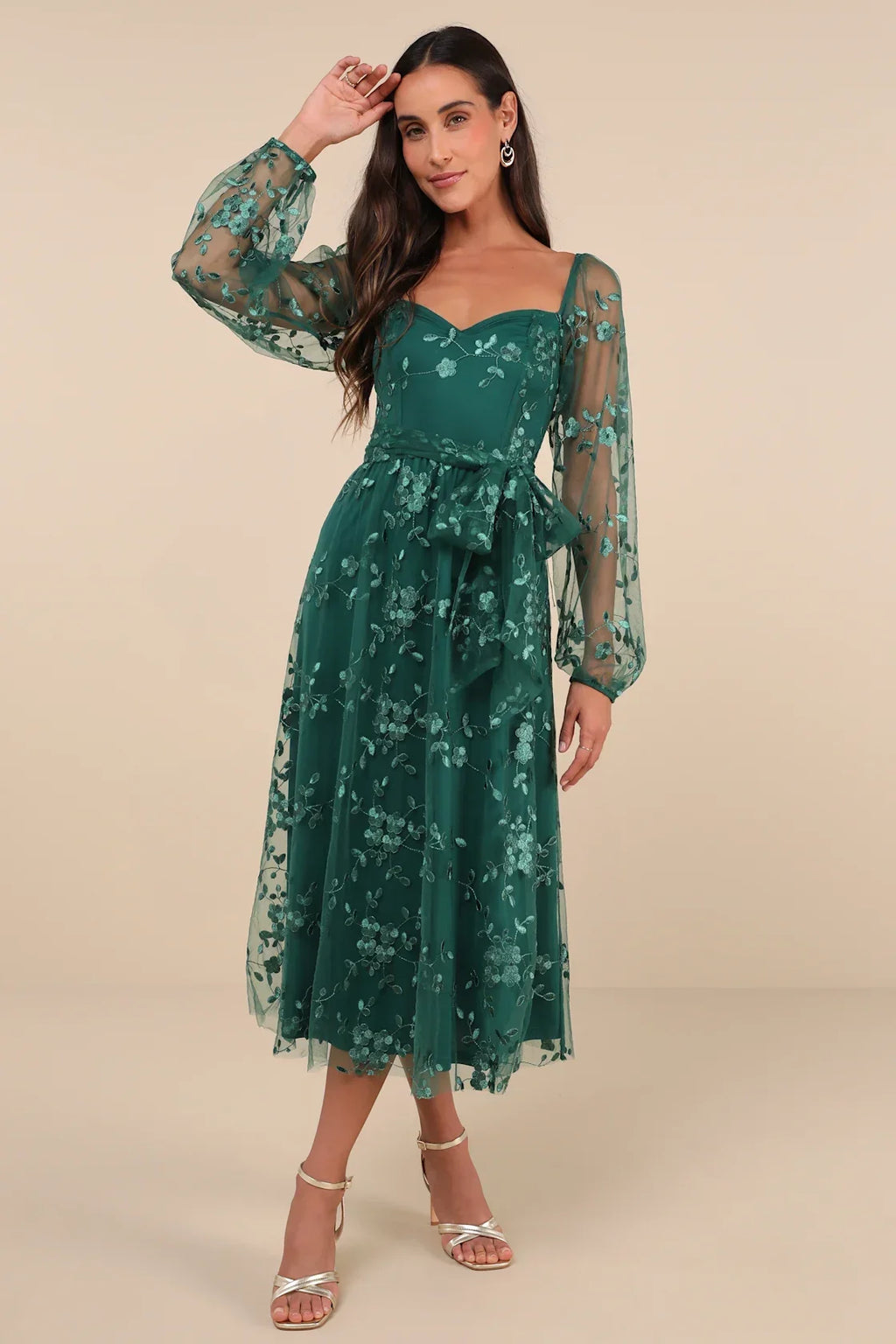 Darling Charisma Wine Red Mesh Embroidered Midi Dress