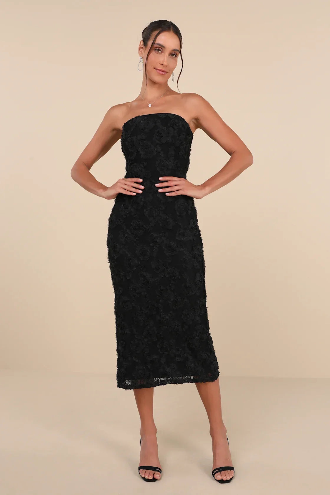 Flawless Perfection Emerald Floral Applique Strapless Midi Dress