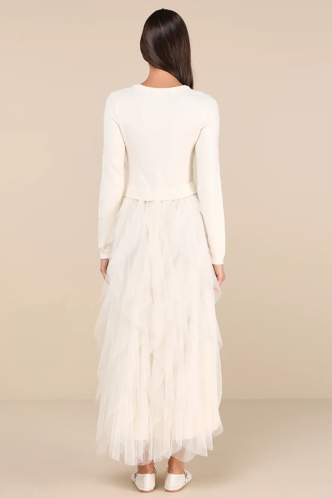 Ultimate Beauty Ivory Cable Knit Ruffled Tulle Maxi Dress