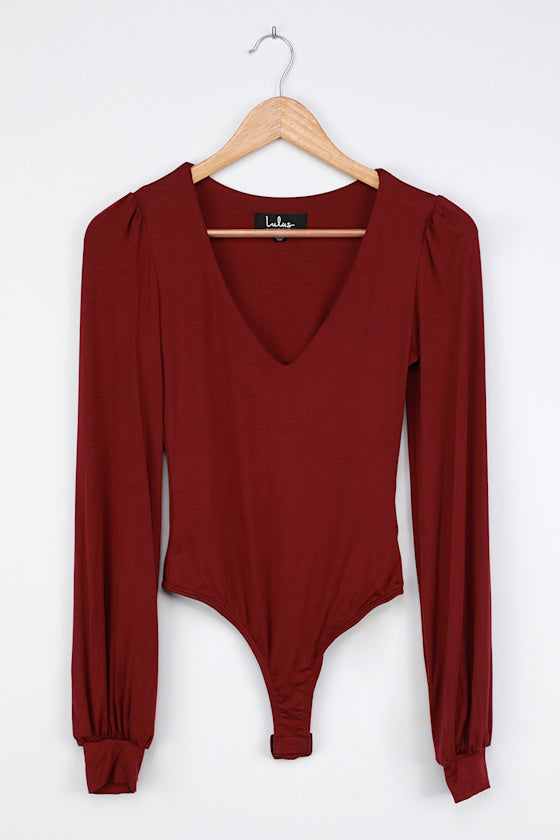 Kaylene Burgundy V-Neck Balloon Sleeve Bodysuit