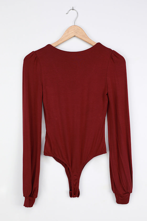 Kaylene Burgundy V-Neck Balloon Sleeve Bodysuit
