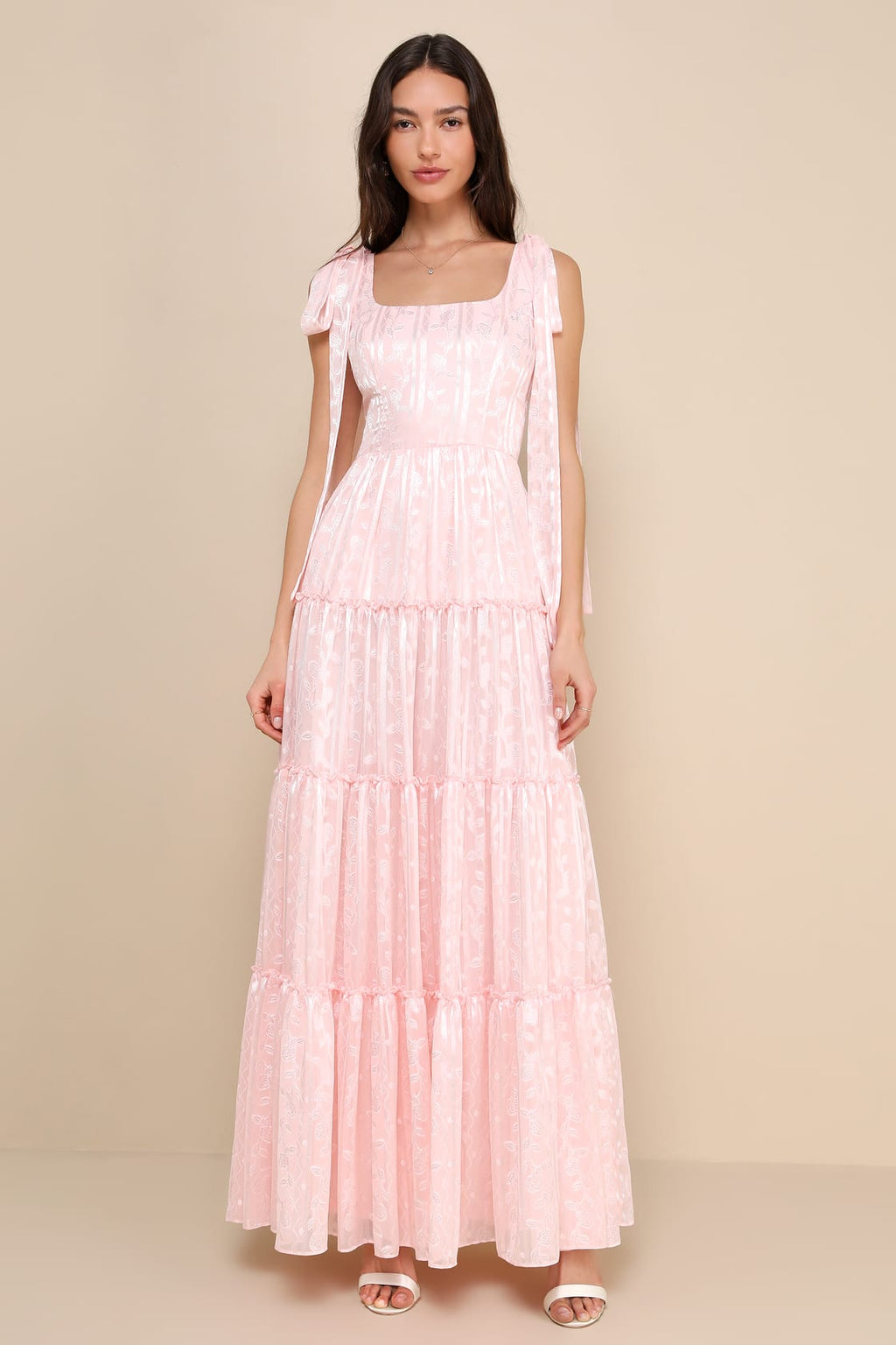 Picturesque Allure Green Jacquard Tie-Strap Maxi Dress