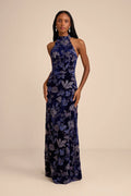 Amberline Navy Velvet Burnout Halter Maxi Dress