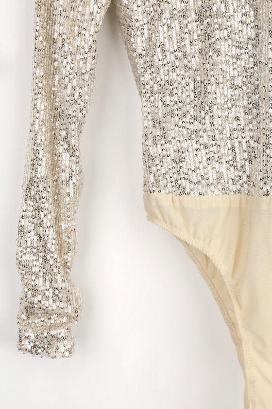 Shimmering Love Silver Sequin Cowl Back Bodysuit