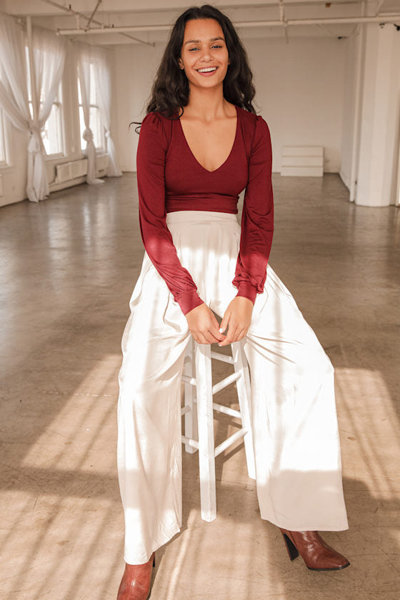 Kaylene Burgundy V-Neck Balloon Sleeve Bodysuit