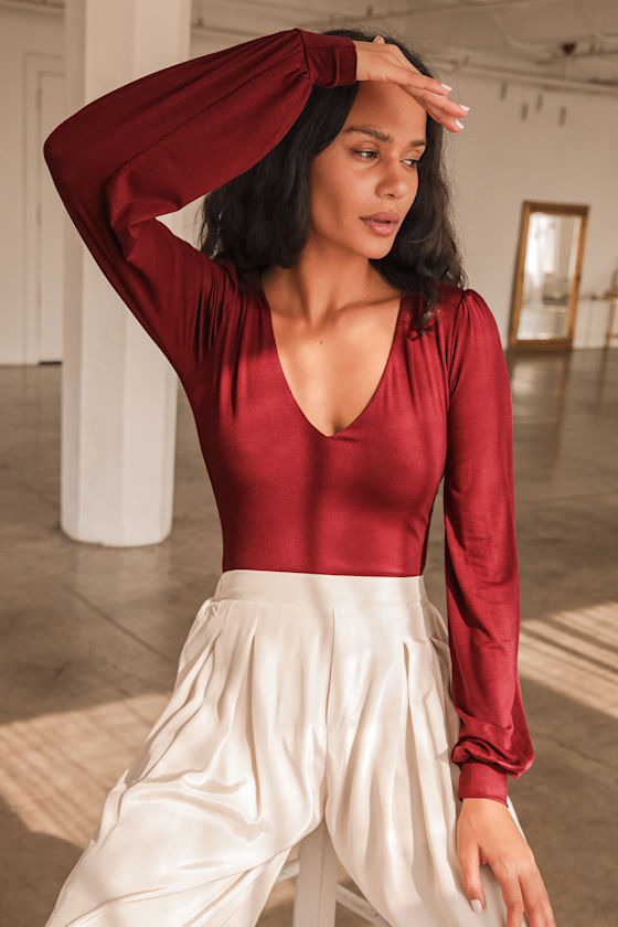 Kaylene Burgundy V-Neck Balloon Sleeve Bodysuit