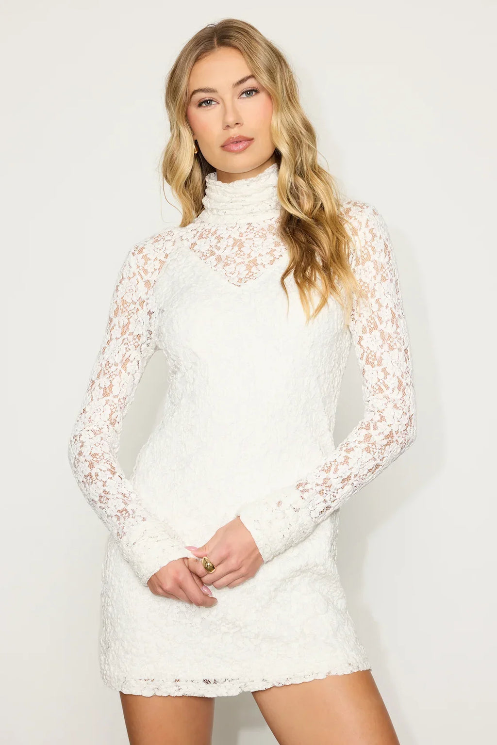 Marcy White Lace Mock Neck Mini Dress