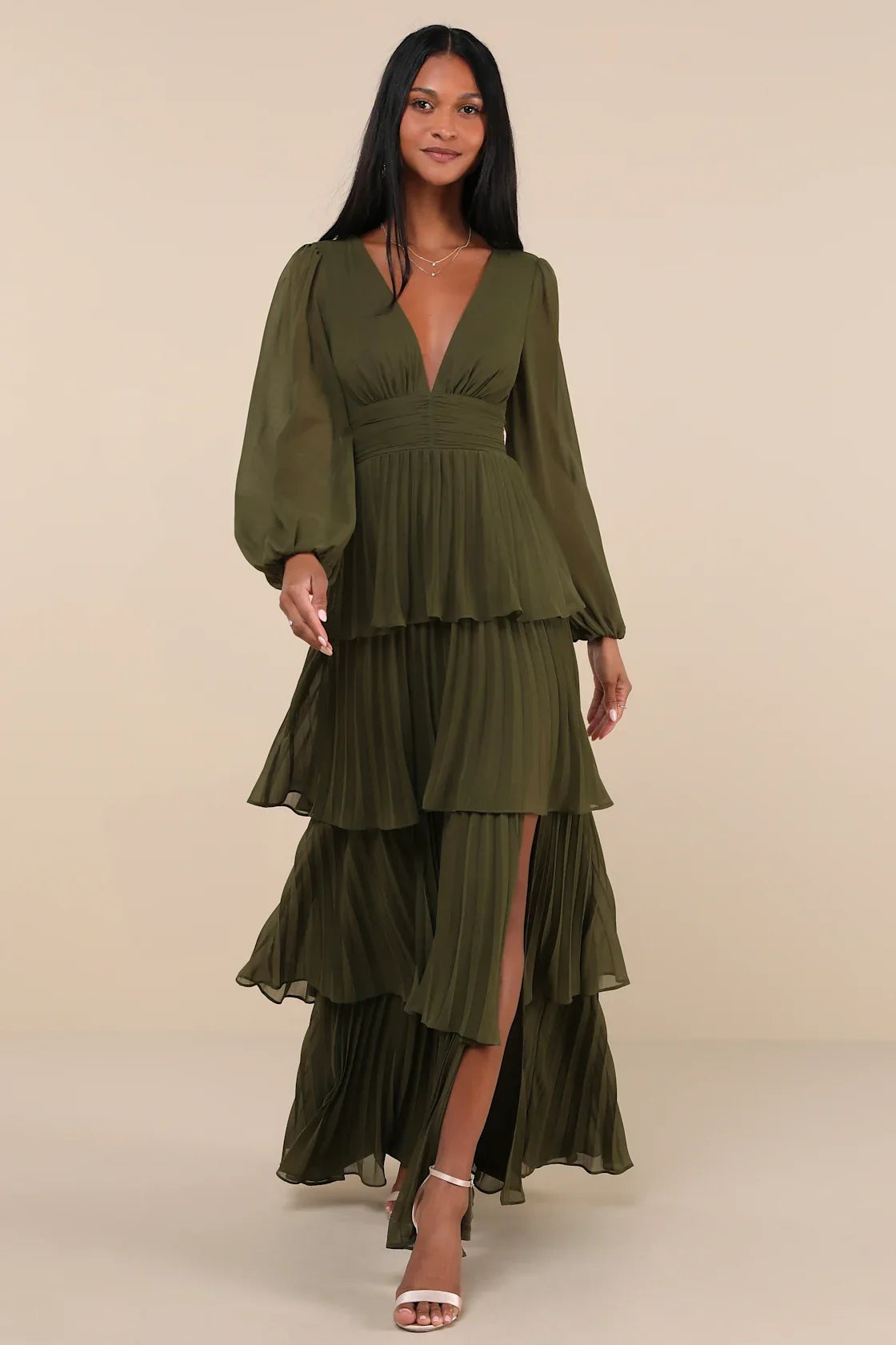 Graceful Finesse Navy Blue Pleated Long Sleeve Maxi Dress