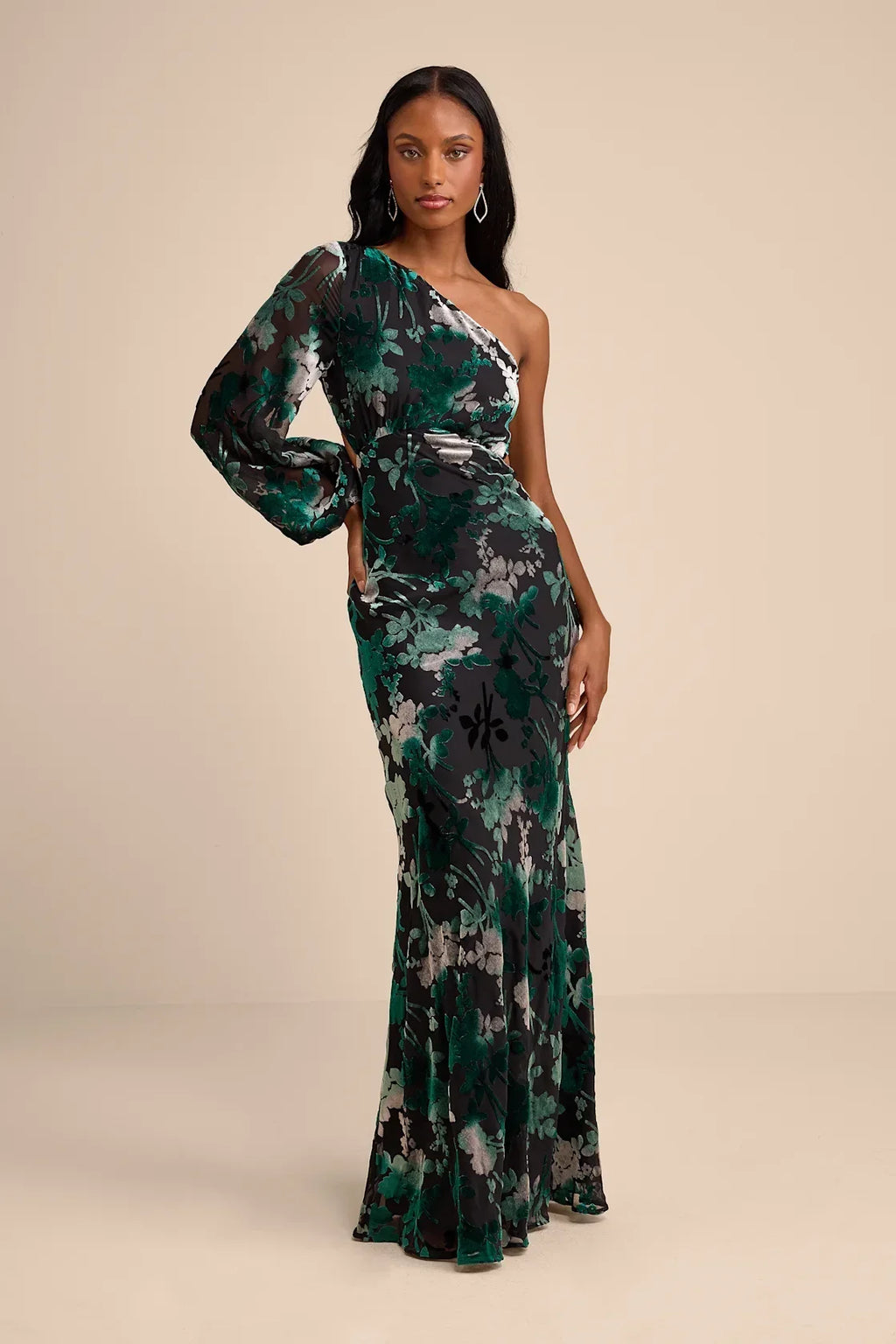 Kendrick Black Multi Floral Burnout One-Shoulder Maxi Dress