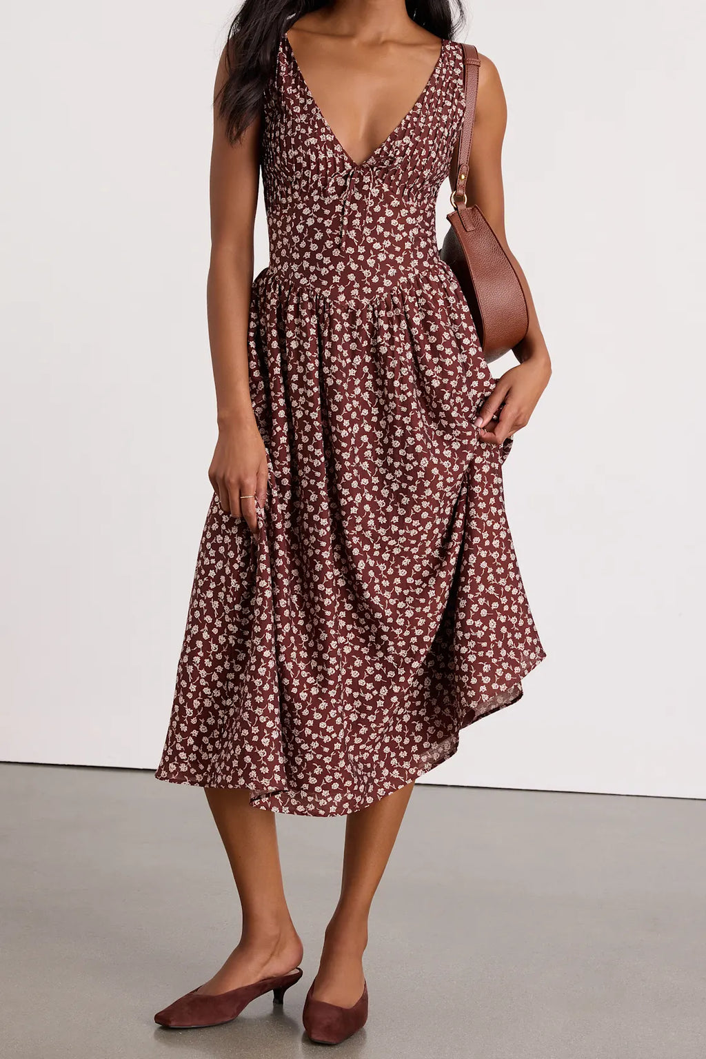 Janella Brown Floral Basque Waist Midi Dress