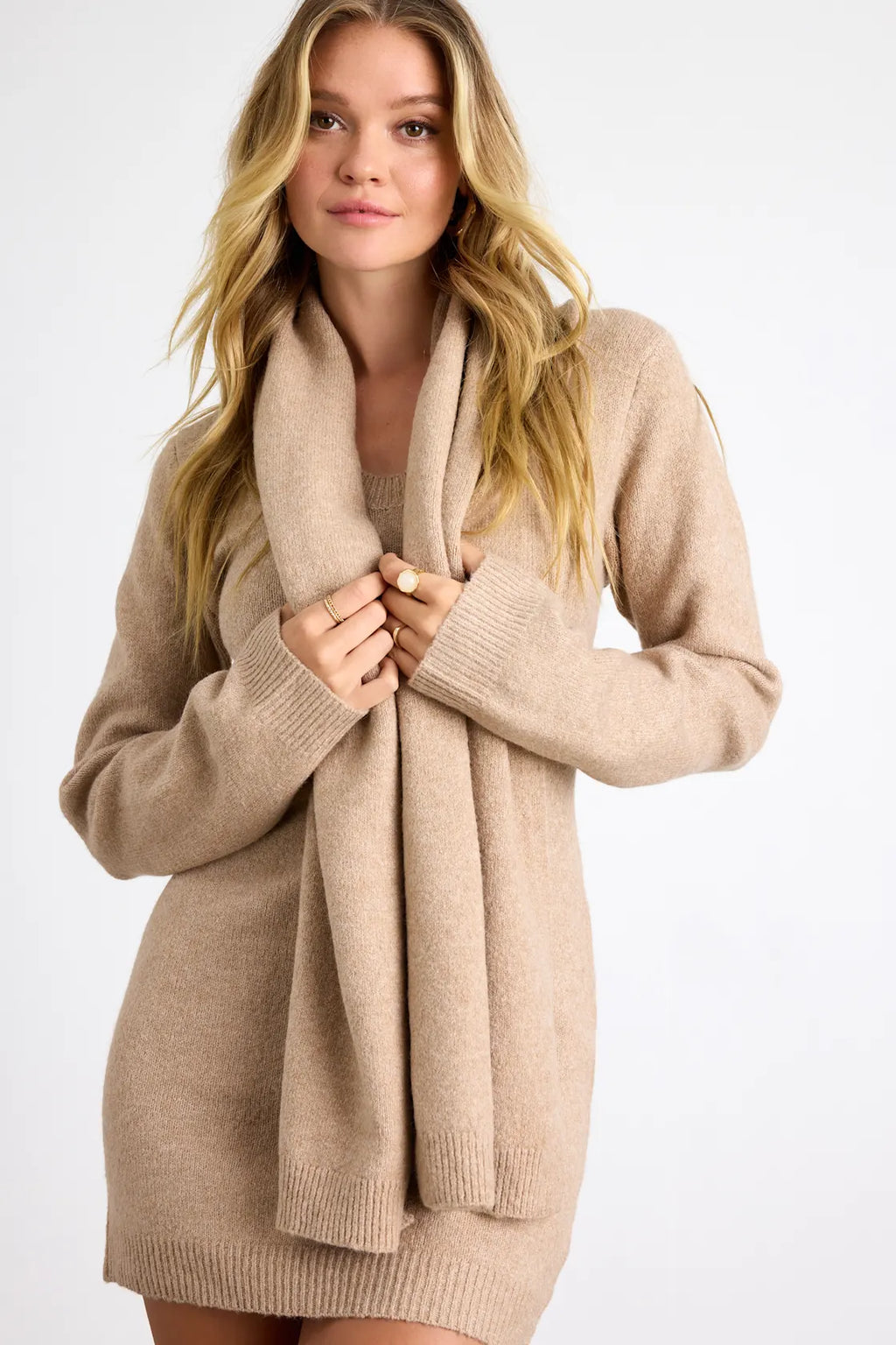 Essential Coziness Heather Beige Sweater Dress and Scarf Set