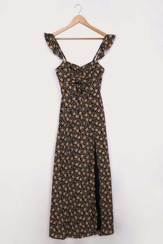 The Way to Love Black Floral Print Ruffled Maxi Dress