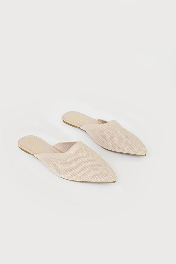 Jeaney Light Nude Ribbed Knit Pointed-Toe Mule Slides