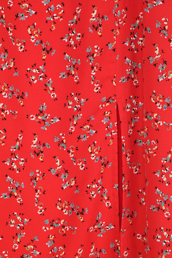 Bliss Me Red Floral Print Midi Skirt