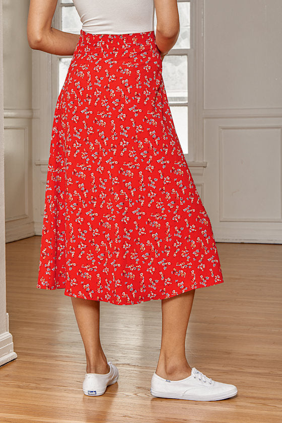 Bliss Me Red Floral Print Midi Skirt