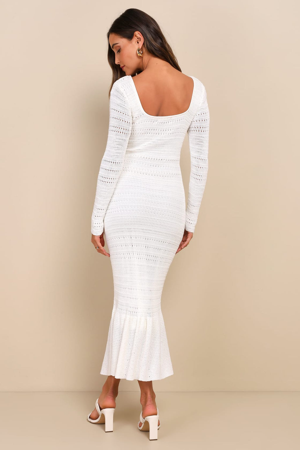 Sunset Moments White Crochet Long Sleeve Trumpet Midi Dress