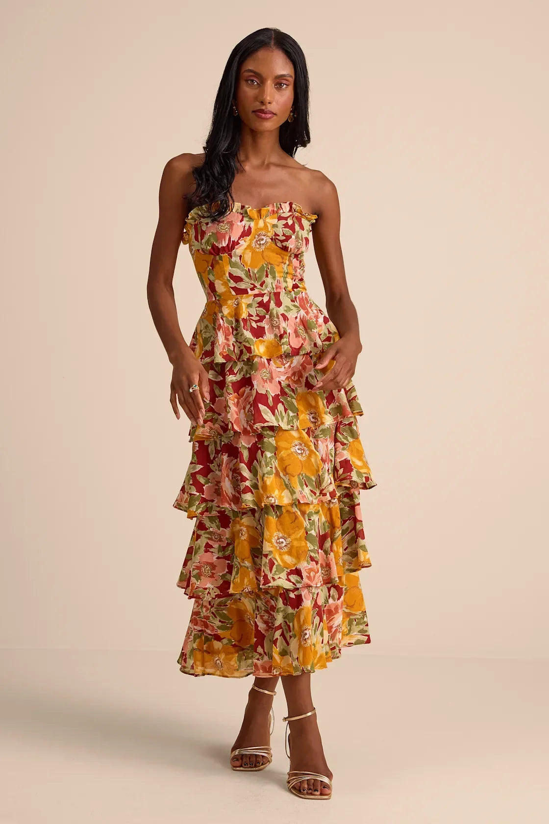 Nayha Blue Multi Floral Strapless Tiered Midi Dress