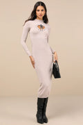 Beloved Presence Heather Beige Cutout Midi Sweater Dress
