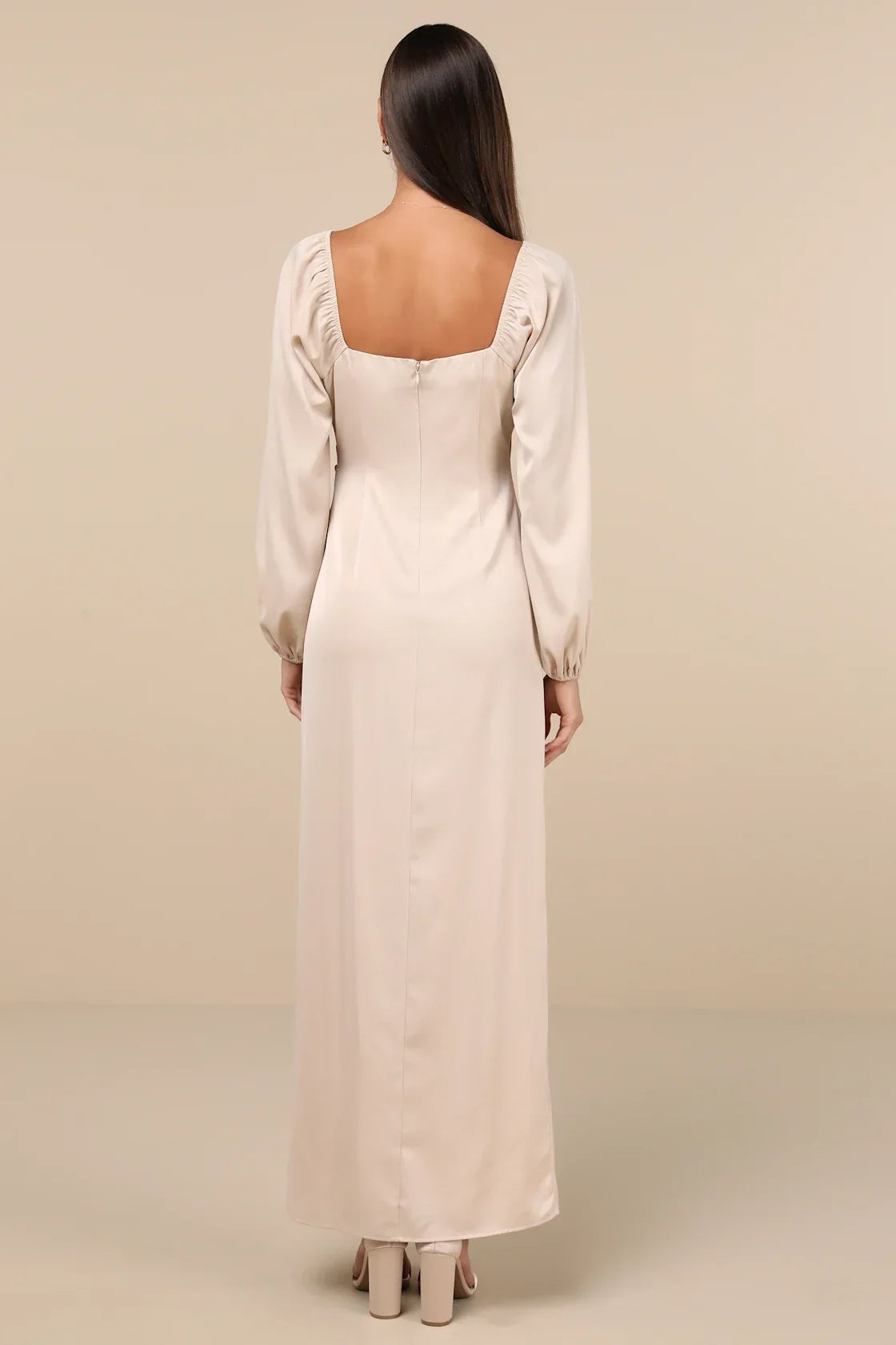 Eternal Heart Champagne Satin Long Sleeve Maxi Dress