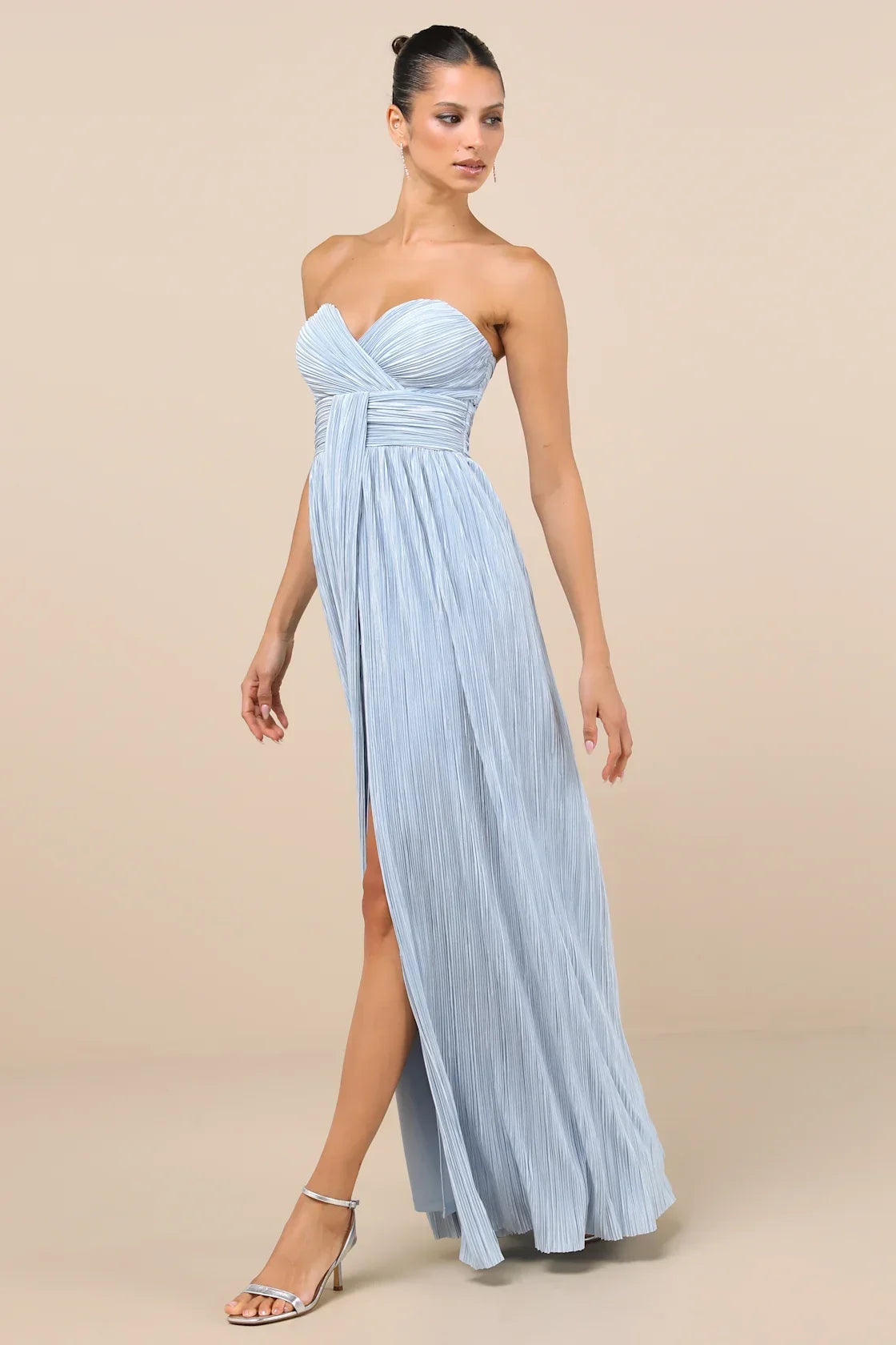 Oswin Navy Satin Plisse Strapless Maxi Dress